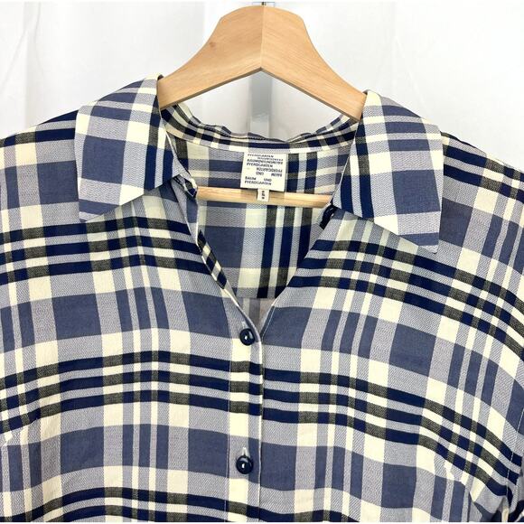 BAUM UND PFERDGARTEN 34 Plaid Moanna Button Shirt Short Sleeve Silk Viscose Blue - Picture 4 of 10
